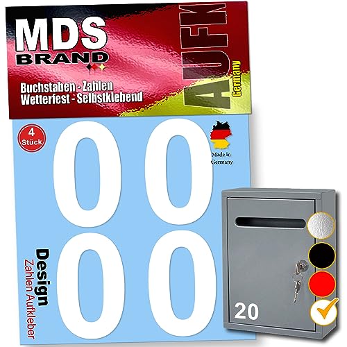MDS Brand Design 8cm Zahlen Aufkleber 4x Sparr-Pack Selbstklebende Klebezahlen für Briefkasten, Mülltonne & Hausnummeren Aufkleber für Außen & Innen, D-8 (Weiss-0) von MDS Brand