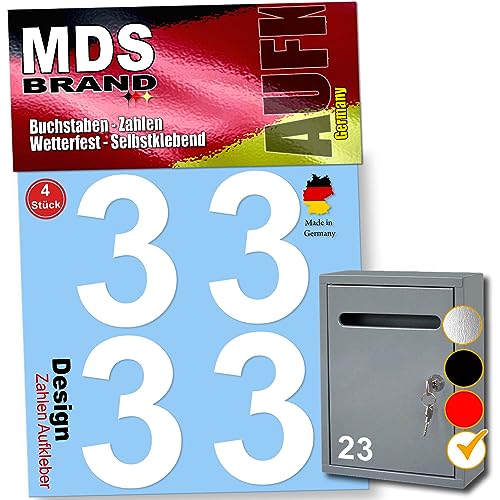 MDS Brand Design 8cm Zahlen Aufkleber 4x Sparr-Pack Selbstklebende Klebezahlen für Briefkasten, Mülltonne & Hausnummeren Aufkleber für Außen & Innen, D-8 (Weiss-3) von MDS Brand