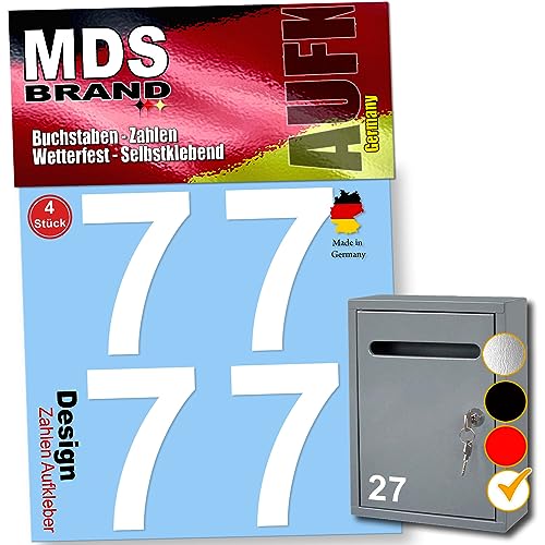 MDS Brand Design 8cm Zahlen Aufkleber 4x Sparr-Pack Selbstklebende Klebezahlen für Briefkasten, Mülltonne & Hausnummeren Aufkleber für Außen & Innen, D-8 (Weiss-7) von MDS Brand