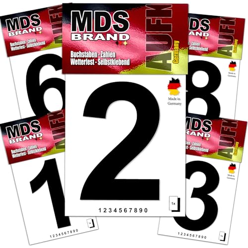 MDS Brand Design 10cm Zahlen Aufkleber 0-9 Pack Zahlen Aufkleber groß | Selbstklebende Klebezahlen wetterfest für Briefkasten, Mülltonne & Hausnummeren Aufkleber für Außen & Innen Schwarz (0-9 Pack) von MDS Brand