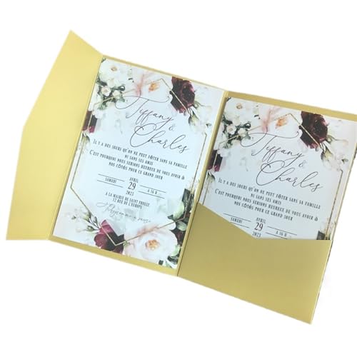 MDSIOKHJ Hochzeitseinladungskarten 50 Sets dreifach gefaltete Hochzeitseinladungskarten mit Taschen, individueller Druck, Verlobung, XV. Geburtstag, Taufeinladungen(Dark Gold,Whole Set Blank) von MDSIOKHJ