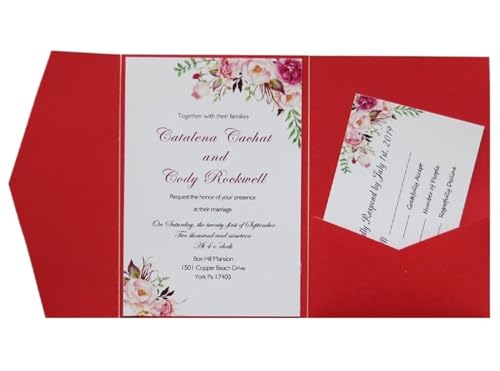 MDSIOKHJ Hochzeitseinladungskarten 50 Sets dreifach gefaltete Hochzeitseinladungskarten mit Taschen, individueller Druck, Verlobung, XV. Geburtstag, Taufeinladungen(Red,Outside Cover only) von MDSIOKHJ