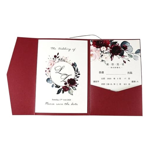 MDSIOKHJ Hochzeitseinladungskarten 50 Stück bedruckte rote Hochzeitseinladungskarten, dreifach gefaltete Taschen, Verlobungs- und Heiratskarten(Dark Red,Bowknot) von MDSIOKHJ