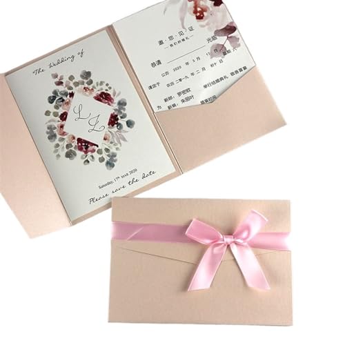 MDSIOKHJ Hochzeitseinladungskarten 50 Stück bedruckte rote Hochzeitseinladungskarten, dreifach gefaltete Taschen, Verlobungs- und Heiratskarten(Light Pink,Bowknot) von MDSIOKHJ
