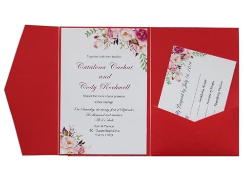 MDSIOKHJ Hochzeitseinladungskarten 50 Stück bedruckte rote Hochzeitseinladungskarten, dreifach gefaltete Taschen, Verlobungs- und Heiratskarten(Red,1Cover 2 Blank sheet) von MDSIOKHJ