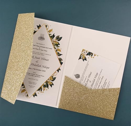 MDSIOKHJ Hochzeitseinladungskarten 50 dreifach gefaltete Hochzeitseinladungskarten mit Rosen-Laserschnitt, Taschen-Einladungsumschlag(Champagne glitter,Blank set) von MDSIOKHJ