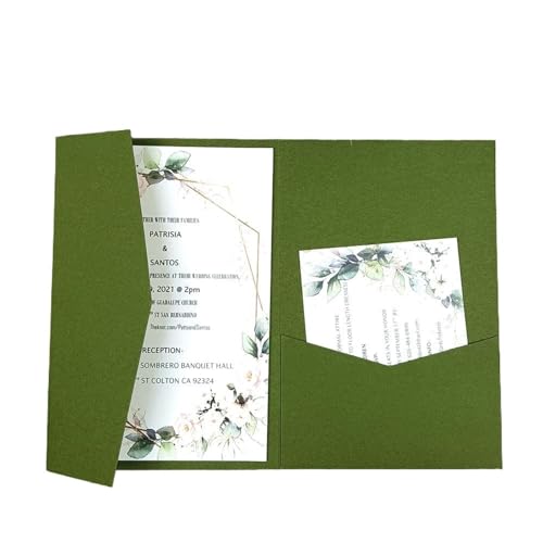MDSIOKHJ Hochzeitseinladungskarten 50 dreifach gefaltete Hochzeitseinladungskarten mit Rosen-Laserschnitt, Taschen-Einladungsumschlag(Matte olive green,Blank set) von MDSIOKHJ