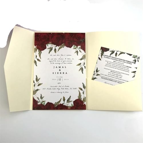 MDSIOKHJ Hochzeitseinladungskarten 50 dreifach gefaltete Hochzeitseinladungskarten mit Rosen-Laserschnitt, Taschen-Einladungsumschlag(Pearl beige,Cover and envelope) von MDSIOKHJ