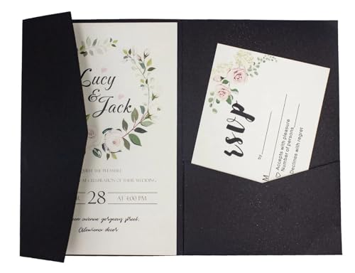MDSIOKHJ Hochzeitseinladungskarten 50 dreifach gefaltete Hochzeitseinladungskarten mit Rosen-Laserschnitt, Taschen-Einladungsumschlag(Pearl black,Cover and envelope) von MDSIOKHJ
