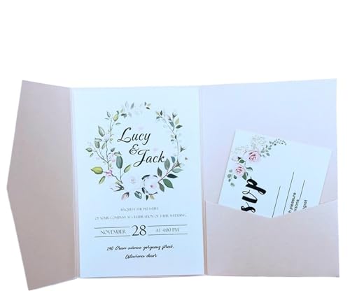 MDSIOKHJ Hochzeitseinladungskarten 50 dreifach gefaltete Hochzeitseinladungskarten mit Rosen-Laserschnitt, Taschen-Einladungsumschlag(Pearl blush,Custom set) von MDSIOKHJ