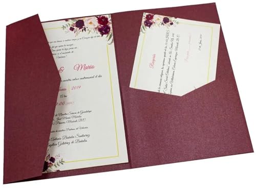 MDSIOKHJ Hochzeitseinladungskarten 50 dreifach gefaltete Hochzeitseinladungskarten mit Rosen-Laserschnitt, Taschen-Einladungsumschlag(Pearl burgundy,Custom set) von MDSIOKHJ