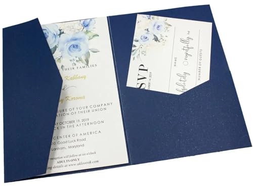 MDSIOKHJ Hochzeitseinladungskarten 50 dreifach gefaltete Hochzeitseinladungskarten mit Rosen-Laserschnitt, Taschen-Einladungsumschlag(Pearl dark blue,Laser cover only) von MDSIOKHJ