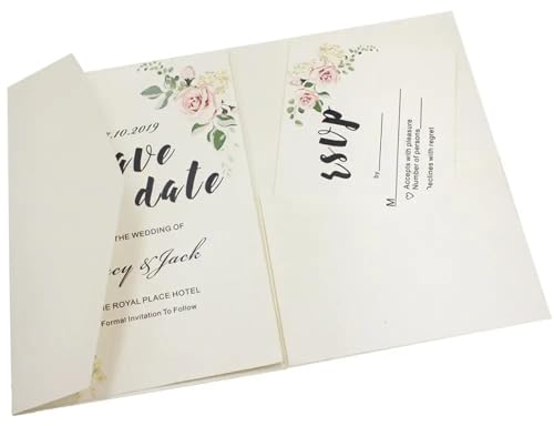 MDSIOKHJ Hochzeitseinladungskarten 50 dreifach gefaltete Hochzeitseinladungskarten mit Rosen-Laserschnitt, Taschen-Einladungsumschlag(Pearl ivory,Custom set) von MDSIOKHJ