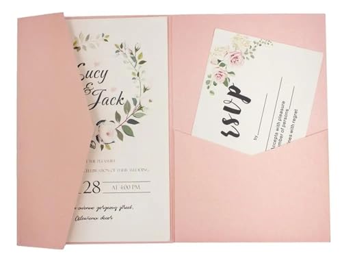 MDSIOKHJ Hochzeitseinladungskarten 50 dreifach gefaltete Hochzeitseinladungskarten mit Rosen-Laserschnitt, Taschen-Einladungsumschlag(Pearl pink,Custom set) von MDSIOKHJ