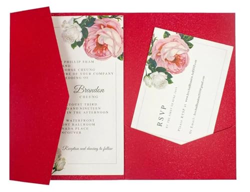 MDSIOKHJ Hochzeitseinladungskarten 50 dreifach gefaltete Hochzeitseinladungskarten mit Rosen-Laserschnitt, Taschen-Einladungsumschlag(Pearl red,Laser cover only) von MDSIOKHJ