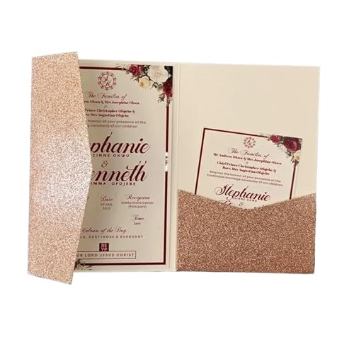 MDSIOKHJ Hochzeitseinladungskarten 50 dreifach gefaltete Hochzeitseinladungskarten mit Rosen-Laserschnitt, Taschen-Einladungsumschlag(Pink rose gold,Blank set) von MDSIOKHJ