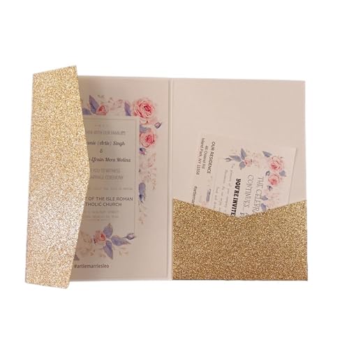 MDSIOKHJ Hochzeitseinladungskarten 50 dreifach gefaltete Hochzeitseinladungskarten mit Rosen-Laserschnitt, Taschen-Einladungsumschlag(Rose gold glitter,Laser cover only) von MDSIOKHJ