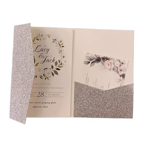 MDSIOKHJ Hochzeitseinladungskarten 50 dreifach gefaltete Hochzeitseinladungskarten mit Rosen-Laserschnitt, Taschen-Einladungsumschlag(Silver glitter,Blank set) von MDSIOKHJ