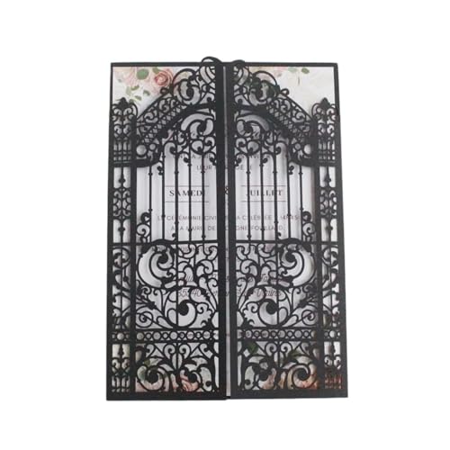 MDSIOKHJ Hochzeitseinladungskarten Metallic Gold Gate Laset Cut Hochzeitseinladungskarten, 50 Sets, personalisierter Druck, Hochzeits-Promi-Partyeinladungen(Black,Blank whole set) von MDSIOKHJ