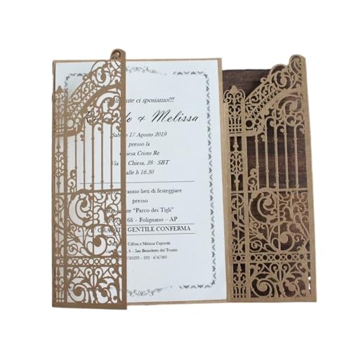 MDSIOKHJ Hochzeitseinladungskarten Metallic Gold Gate Laset Cut Hochzeitseinladungskarten, 50 Sets, personalisierter Druck, Hochzeits-Promi-Partyeinladungen(Craft paper color,Custom printing set) von MDSIOKHJ