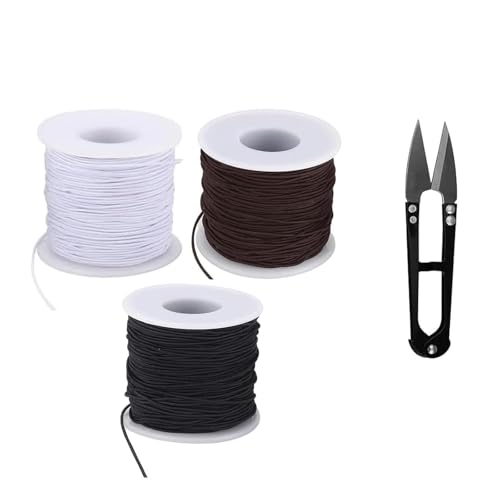 Gummiband für Armbänder, 3 Rollen Gummikordel, Elastische Faden für DIY Schmuck Herstellung, Halskette, Armband, Handwerk,mit Schere,1mm x 50 m (Schwarz, Weiß, Schokoladenbraun, Mit Einer Schere) von MDUPPE