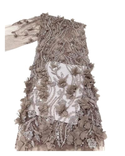 3D-Spitzenstoff mit Rosen, Spitzennetz mit Perlen, Spitzenstoff für Hochzeit (braun) von MDYTPT