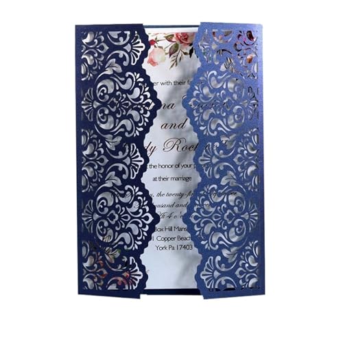 MDYTPT Elegante Hochzeitseinladungen mit Blumenmuster, Laserschnitt, Spitze, Taschen-Einladungen, Grußkarte, Druck, Party-Dekoration (nur blaue Tasche), 50 Stück von MDYTPT