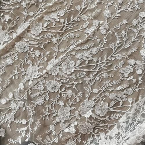 Schneewittchen, elfenbeinfarbener Pailletten-Tüll-Spitzenstoff für Hochzeitskleid, Blumenstickerei, Spitze (Elfenbein, 91 cm) von MDYTPT