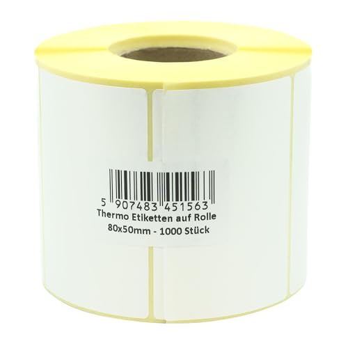MD Labels Weiße Thermo etiketten auf Rolle 80x50mm 1000 Stück permanent haftend, für Barcode, weiße Klebeetiketten zur Beschriftung von MDlabels