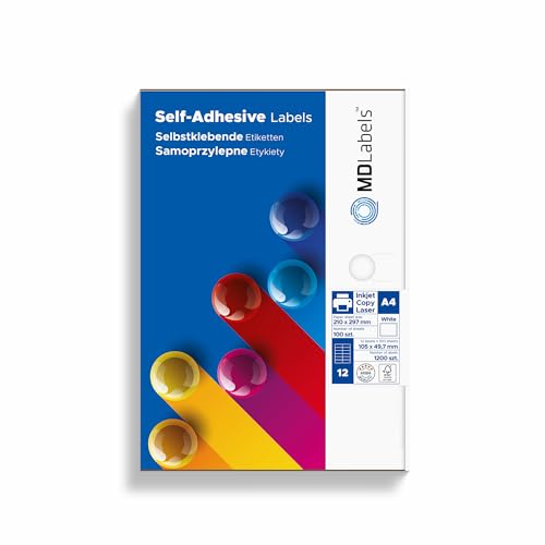 MDlabels Universal 12 Etiketten DIN A4 (105x49,7 mm, 1200 Etiketten auf 100 Blätter) A4 Klebeetiketten - mattes Papier – bedruckbare - Weiß von MDlabels