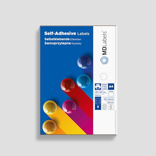 MDlabels Universal Etiketten DIN A4-210x99mm, 300 Etiketten- mattes papier Klebeetiketten– bedruckbare - Weiß Versandetiketten selbstklebend von MD Labels