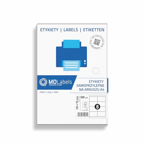 MDlabels Universal Etiketten DIN A4 (105 x 70 mm, 100 Blätter, 800 Klebeetiketten) Papier- matte- selbstklebend- bedruckbar-permanent haftend- Adressaufkleber von MDlabels