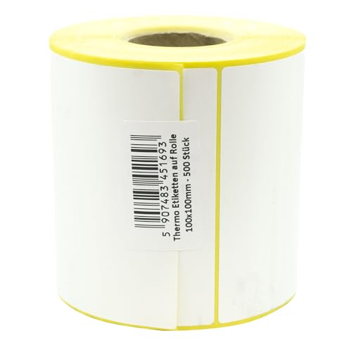 MD Labels Weiße Thermo etiketten auf Rolle 100x100 mm 500 Stück - permanent haftend, für Barcode, weiße Klebeetiketten zur Beschriftung von MDlabels