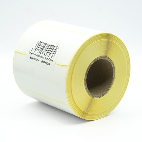 MD Labels Weiße Thermo etiketten auf Rolle 90x40 mm 1000 Stück - permanent haftend, für Barcode, weiße Klebeetiketten zur Beschriftung von MDlabels
