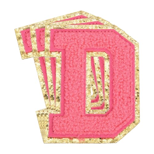 MECCANIXITY Chenille-Buchstaben-Aufnäher, groß, 6,3 x 8 cm, zum Aufbügeln mit Buchstaben D, goldener Glitzer, bestickt, für Kleidung, Schuhe, Hüte, Rucksäcke, 3 Stück (Hot Pink) von MECCANIXITY