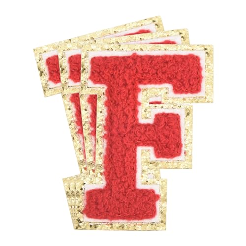 MECCANIXITY Chenille-Buchstaben-Aufnäher, groß, 8 x 5,5 cm, zum Aufbügeln mit Buchstaben F, goldener Glitzer, bestickt, für Kleidung, Schuhe, Hüte, Rucksäcke, 3 Stück (rot) von MECCANIXITY