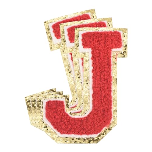 MECCANIXITY Chenille-Buchstaben-Aufnäher, groß, 8 x 5,5 cm, zum Aufbügeln mit Buchstaben J, goldener Glitzer, bestickt, für Kleidung, Schuhe, Hüte, Rucksäcke, 3 Stück (rot) von MECCANIXITY