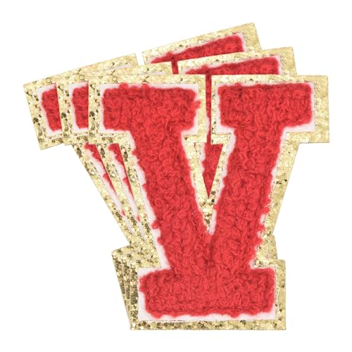 MECCANIXITY Chenille-Buchstaben-Aufnäher, groß, 8 x 7,5 cm, zum Aufbügeln mit Buchstaben V, goldener Glitzer, bestickt, für Kleidung, Schuhe, Hüte, Rucksäcke, 3 Stück (rot) von MECCANIXITY