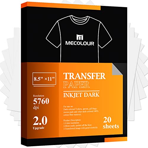 MECOLOUR Wärmetransferpapier zum Aufbügeln für dunkle Stoff-T-Shirts, 20 Blatt, 21,6 x 27,9 cm, bedruckbares Wärmetransfer-Vinyl, für Tintenstrahldrucker von MECOLOUR