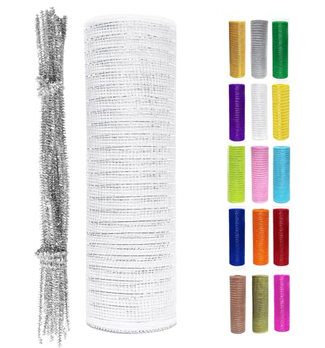 Weißes Metallic-Deko-Mesh-Band, Rolle, 25,4 cm x 9,1 m, für Weihnachtsbaum, Kränze, Girlanden, Urlaubsdekorationen, Glitzerfolie, Geschenkverpackung, Handwerk von MEDIANER