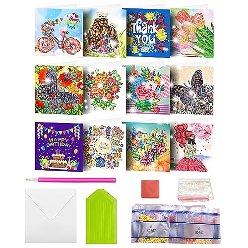 MEDOYOH 12er-Set DIY Diamond Painting Grußkarten mit Umschlag, Diamantmalerei Blanko Kunstkarten für Geburtstag Muttertag Weihnachten Jubiläum Erntedankfest, Mädchen und Blumen (08) von MEDOYOH