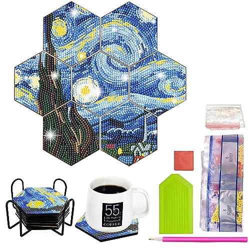 MEDOYOH 7 Stück Diamond Painting Untersetzer mit Halter, Diamant Kunst Untersetzer DIY Diamond Painting Sechseckige Tasse Matte für Erwachsene Kinder Basteln Liebhaber, Sternenhimmel Untersetzer von MEDOYOH