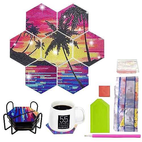 MEDOYOH 7 Stück Diamond Painting Untersetzer mit Halter, Diamant Kunst Untersetzer DIY Diamond Painting Sechseckige Tasse Matte für Erwachsene Kinder Basteln Liebhaber, Sunset Untersetzer von MEDOYOH