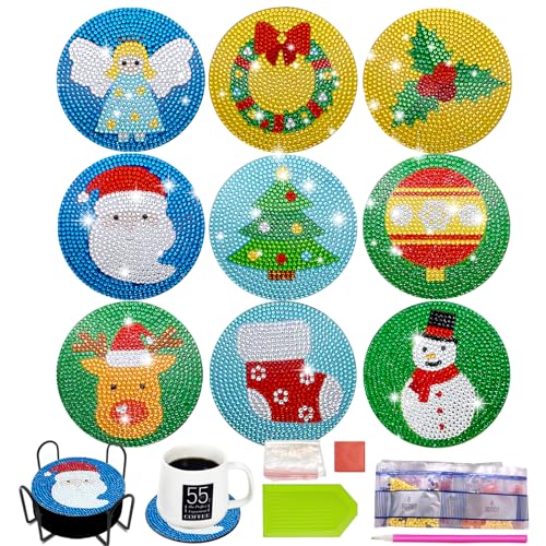 MEDOYOH 9 Stück Diamond Painting Untersetzer mit Halter, Diamant Kunst Untersetzer DIY Diamond Painting Rund Tasse Matte für Erwachsene Kinder Basteln Liebhaber, Weihnachten Untersetzer 605 von MEDOYOH