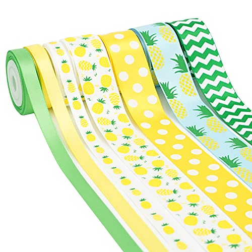 MEEDEE Summer Ribbon Furit Ribbon Set Ananas Band, 7 Rollen 35 Yards 3/8 Zoll 2,5 cm gelb grün Satinbänder sortiert für DIY Handwerk Geschenkverpackung Party Dekorationen Banner Schleifen von MEEDEE