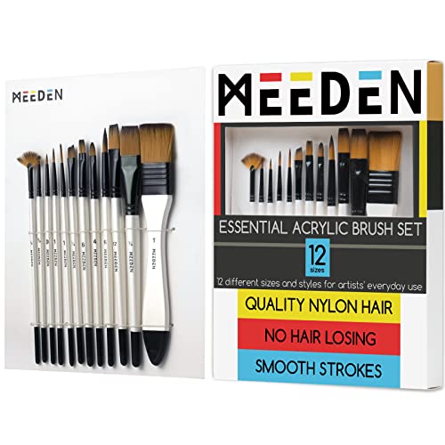 MEEDEN 12 Pcs Acryl Pinsel Set Künstlerpinsel Set, Acrylpinsel, Weiches Nylonhaar mit perlweißem Griff in Tragetasche, Kunstmalpinsel für Acryl, Aquarell, Öl, Gouache, Leinwand, Tafeln von MEEDEN