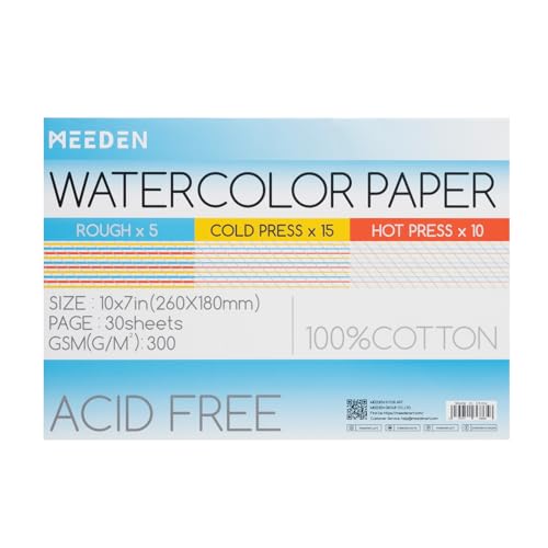 MEEDEN Aquarellpapier Block - 100% Baumwolle Aquarellpapier 30 Blatt, 140lb/300gsm, 3 Texturen Säurefreies Kunstdruckpapier für Aquarell, Gouache, Tinte und mehr, 26 x 18cm MEEDEN Aquarellpapier Block - 100% Baumwolle Aquarellpapier 30 Blatt, 140lb/300gsm, 3 Texturen Säurefreies Kunstdruckpapier für Aquarell, Gouache, Tinte und mehr, 26 x 18cm von MEEDEN