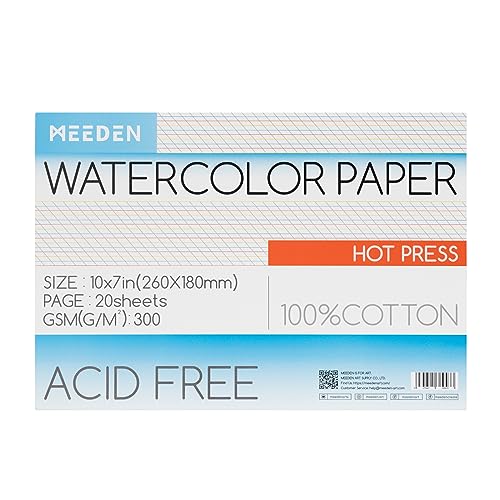 MEEDEN Aquarellpapierblock, 100% Baumwoll-Aquarellpapierblock mit 20 Blättern, 140lb/300gsm, säurefreies Kunstpapier für Aquarell, Gouache, Tinte und mehr, 25,4 x 17,8 cm, Heißpresse MEEDEN Aquarellpapierblock, 100% Baumwoll-Aquarellpapierblock mit 20 Blättern, 140lb/300gsm, säurefreies Kunstpapier für Aquarell, Gouache, Tinte und mehr, 25,4 x 17,8 cm, Heißpresse von MEEDEN