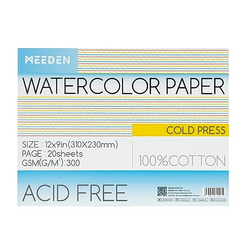 MEEDEN Aquarellpapierblock, 100% Baumwolle, Aquarellpapierblock mit 20 Blatt, 63,5 kg/300 g, säurefreies Kunstpapier für Aquarell, Gouache, Tinte und mehr, 22,9 x 30,5 cm, Kaltpresse von MEEDEN