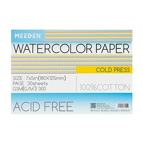 MEEDEN Aquarellpapierblock, 100 % Baumwolle, Aquarellpapierblock mit 20 Blatt, 63,5 kg/300 g/m², säurefreies Kunstpapier für Aquarell, Gouache, Tinte und mehr, 12,7 x 17,8 cm Kaltpresse von MEEDEN